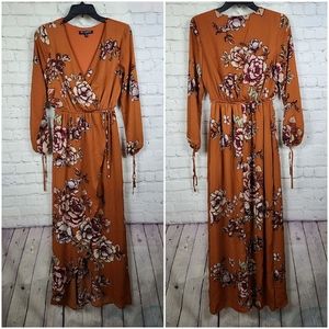 One ❤️ Clothing Burnt orange Floral maxi Wrap dress Small Side Tie Long Sleeve